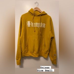 Champion unisex small yellow embroidered logo hoodie sweatshirt.